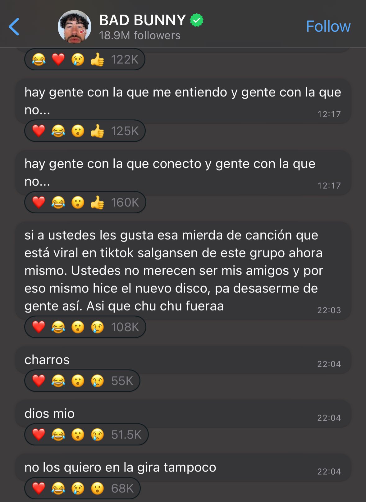 Captura de la reacción de Bad Bunny en redes